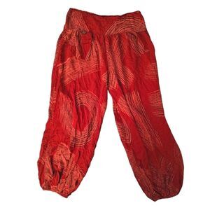 Red Pink Printed Rayon Boho Hippie Cropped Harem Pants Small | Medium
